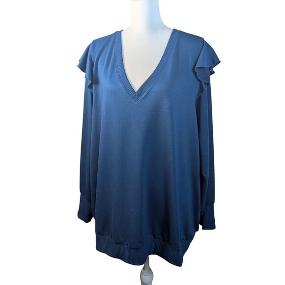 Torrid Women's Long Sleeve V Neck Ruffle Shoulder Knit Top Size 3x 22-24 Teal - Picture 2 of 8